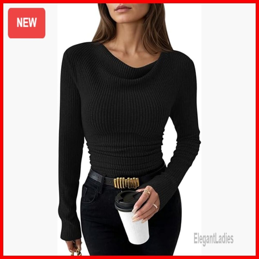 Long Sleeve Cowl Neck Ribbed Knit Top Slim Fit Ruched Shirt